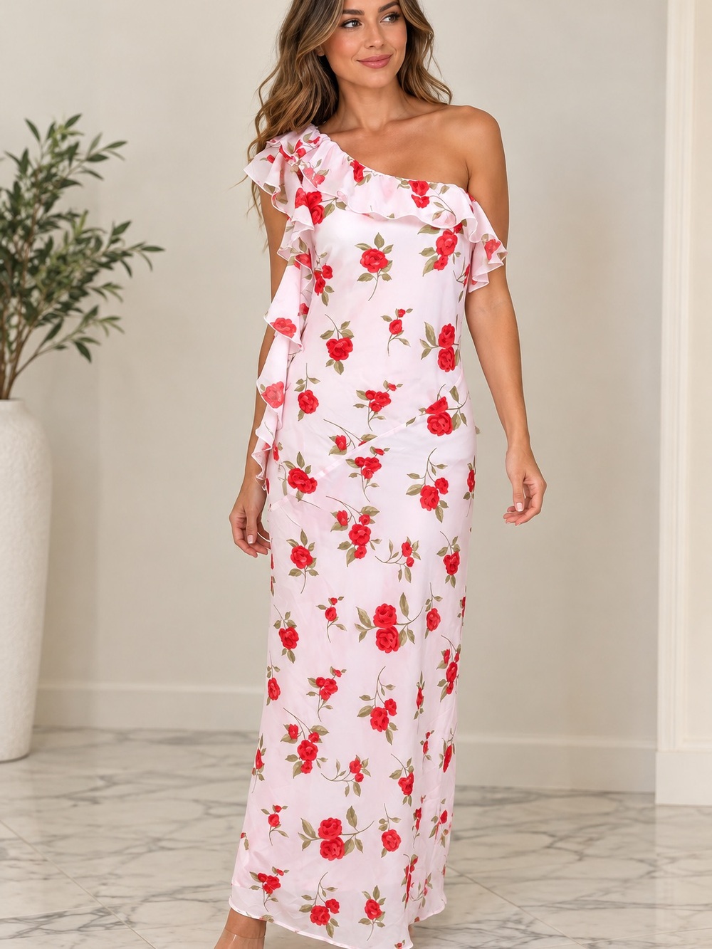 Wild Fable Floral Maxi Dress Ruffle one Shoulder Pink Red Rose Print Size S